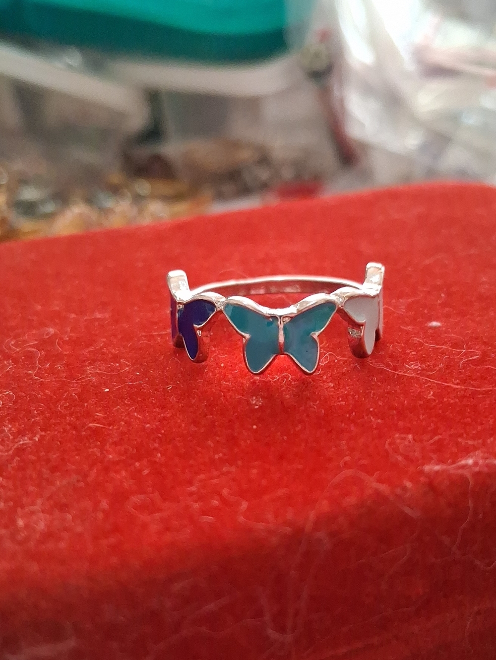 Source Unknown Silver Butterfly Ring with Teal and Blue Enamel